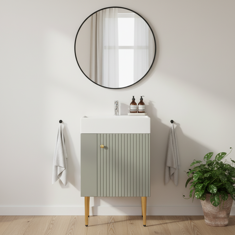 Meuble de salle de bain gris clair avec vasque blanc et pieds dorés (robinet non inclus) SCOPA