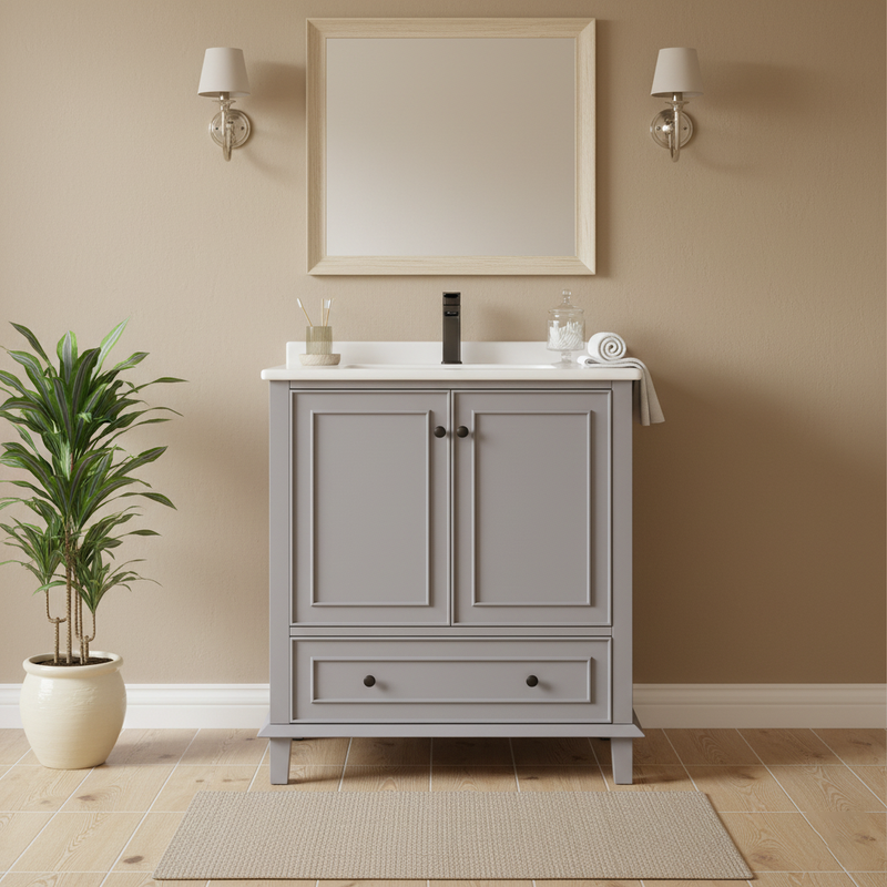 Meuble vasque gris sur pied avec vasque en céramique intégrée, double portes, tiroir et étagères (robinet non inclus) GELATIN