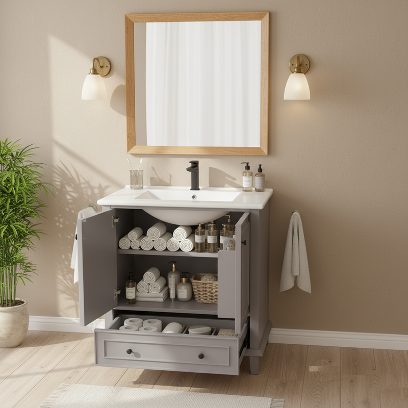 Meuble vasque gris sur pied avec vasque en céramique intégrée, double portes, tiroir et étagères (robinet non inclus) GELATIN