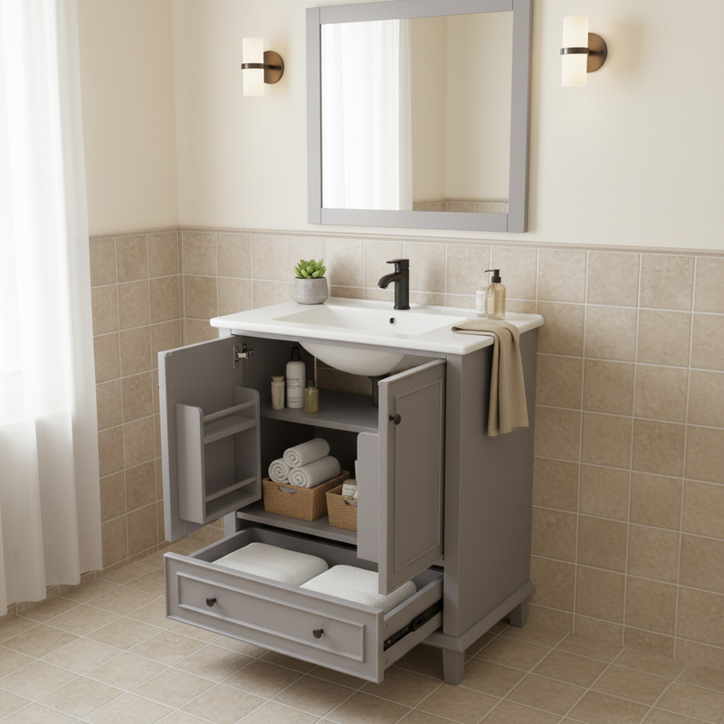 Meuble vasque gris sur pied avec vasque en céramique intégrée, double portes, tiroir et étagères (robinet non inclus) GELATIN