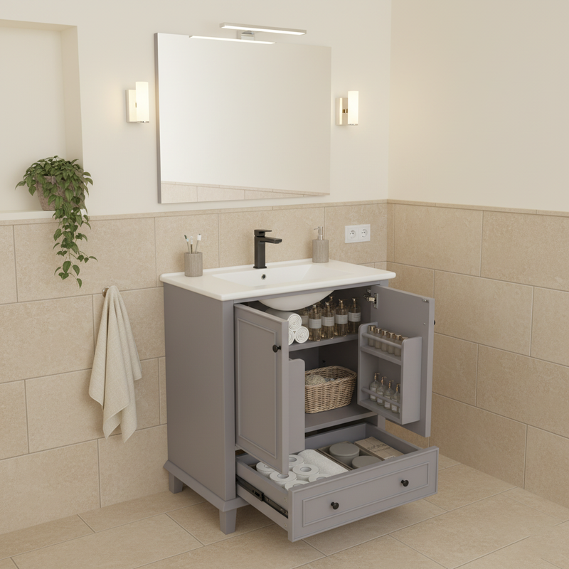 Meuble vasque gris sur pied avec vasque en céramique intégrée, double portes, tiroir et étagères (robinet non inclus) GELATIN