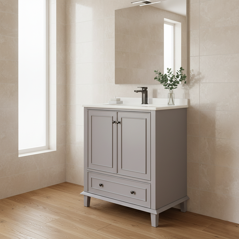 Meuble vasque gris sur pied avec vasque en céramique intégrée, double portes, tiroir et étagères (robinet non inclus) GELATIN