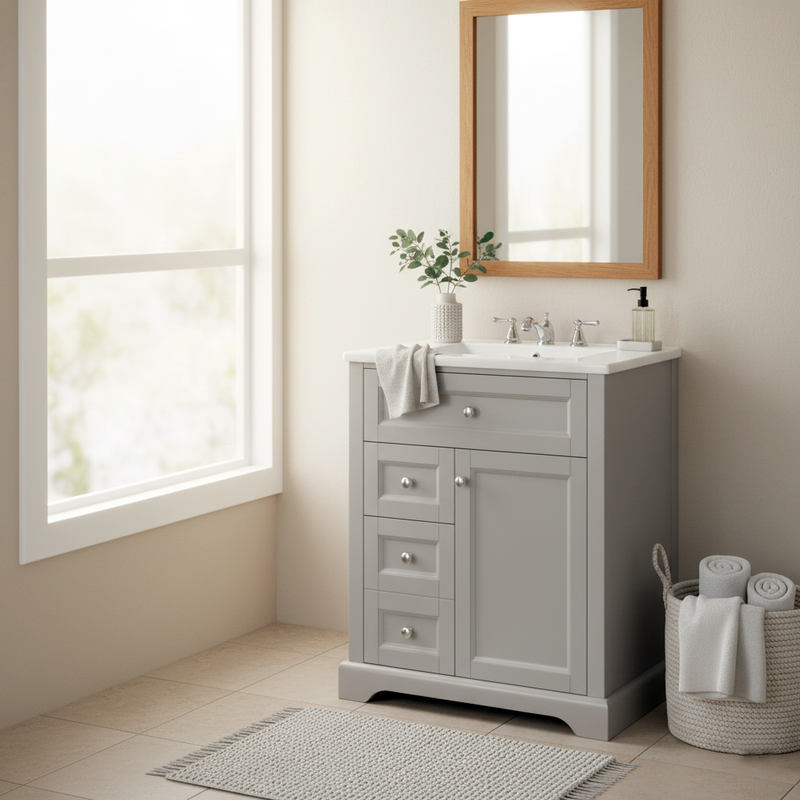 Meuble vasque gris sur pied, vasque en céramique intégrée, tiroirs à fermeture amortie et rangement (robinet non inclus) REPLICAT