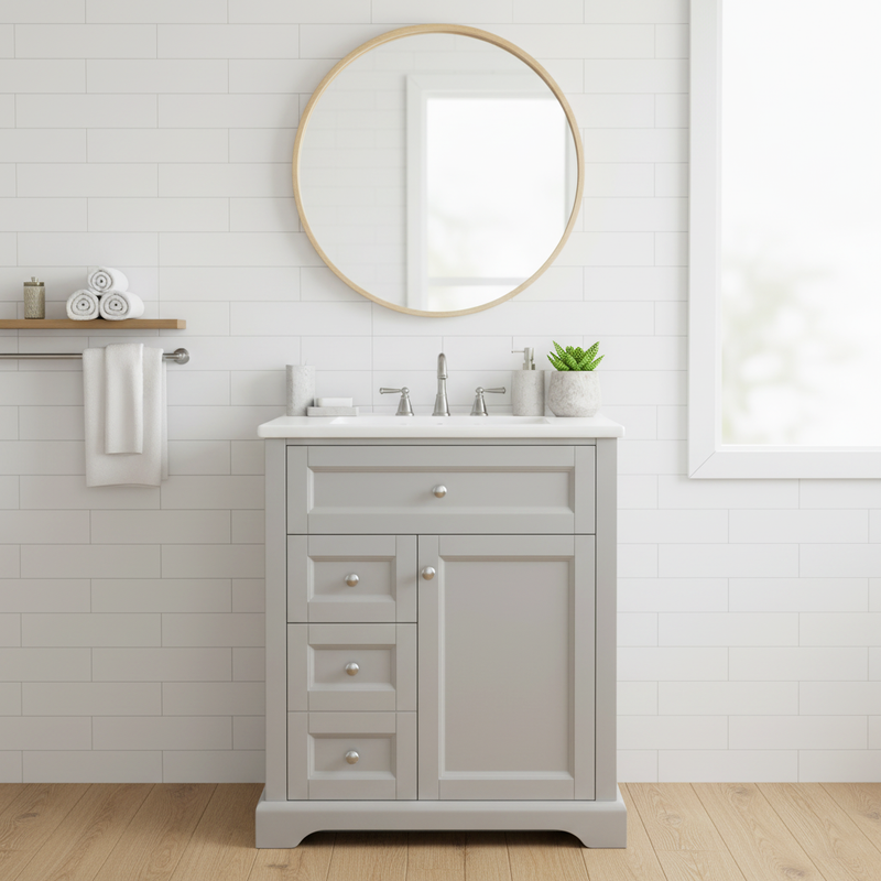 Meuble vasque gris sur pied, vasque en céramique intégrée, tiroirs à fermeture amortie et rangement (robinet non inclus) REPLICAT