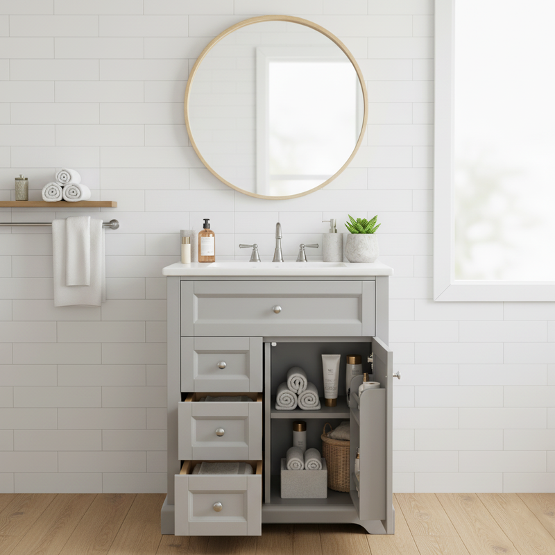 Meuble vasque gris sur pied, vasque en céramique intégrée, tiroirs à fermeture amortie et rangement (robinet non inclus) REPLICAT