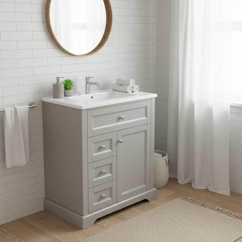 Meuble vasque gris sur pied, vasque en céramique intégrée, tiroirs à fermeture amortie et rangement (robinet non inclus) REPLICAT