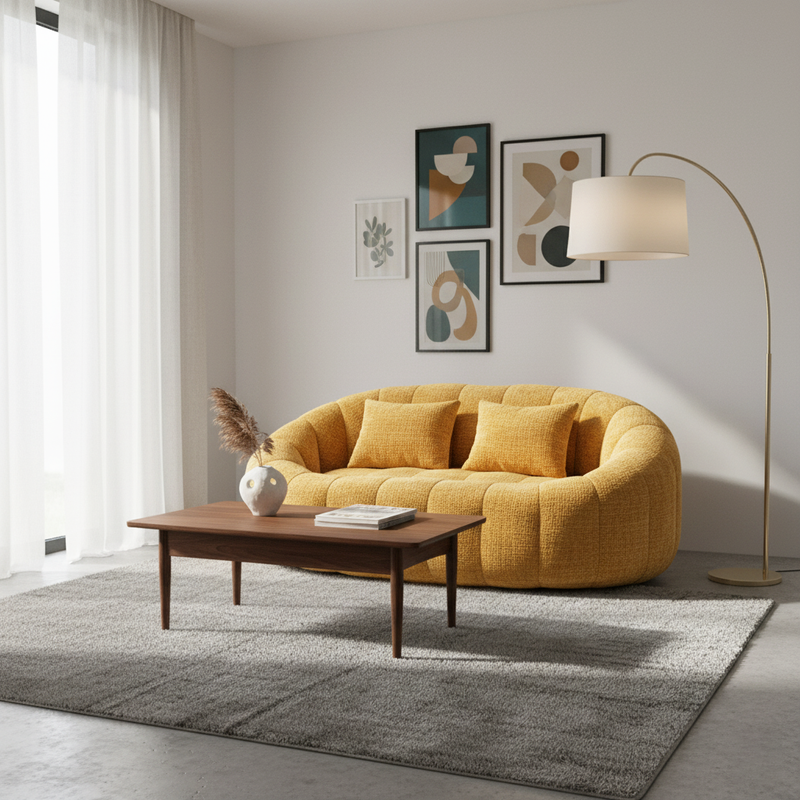 Canapé compact rond 2 places Loveseat en tissu chenille jaune et 2 cousins TANGLENET