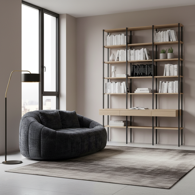 Canapé compact rond 2 places Loveseat en chenille noir anthracite et 2 cousins FISSURE