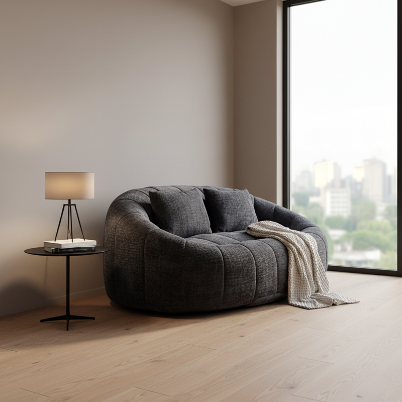 Canapé compact rond 2 places Loveseat en chenille noir anthracite et 2 cousins FISSURE