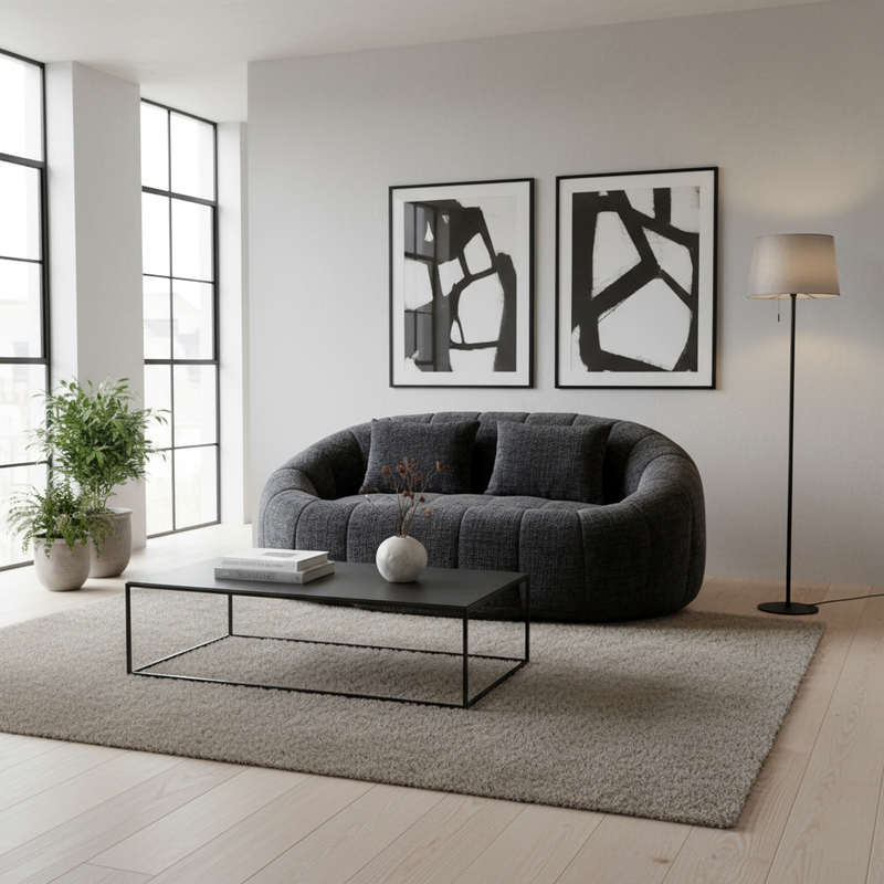 Canapé compact rond 2 places Loveseat en chenille noir anthracite et 2 cousins FISSURE