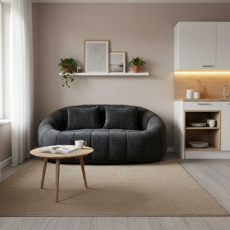 Canapé compact rond 2 places Loveseat en chenille noir anthracite et 2 cousins FISSURE