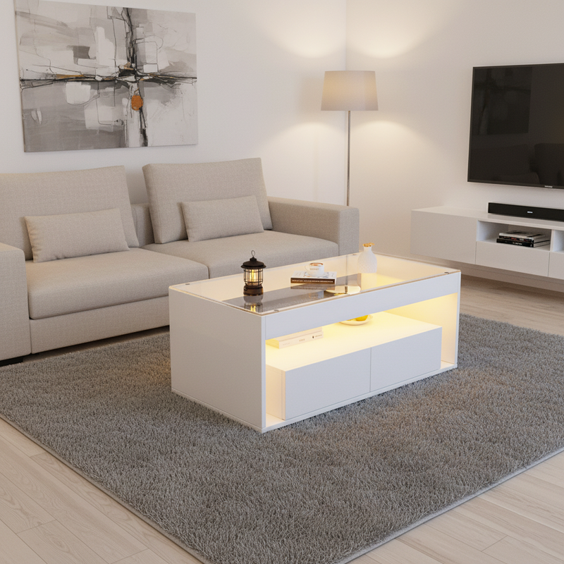 Table basse blanche en verre 2 tiroirs avec éclairage LED 100x50cm GEODYNAMO