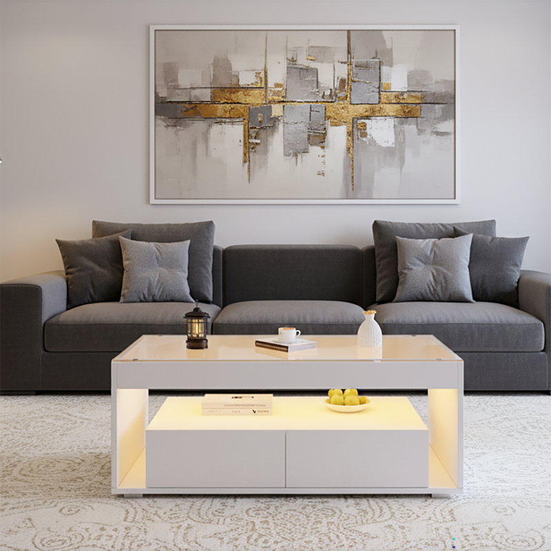 Table basse blanche en verre 2 tiroirs avec éclairage LED 100x50cm GEODYNAMO