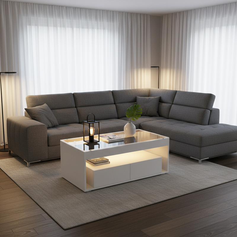 Table basse blanche en verre 2 tiroirs avec éclairage LED 100x50cm GEODYNAMO