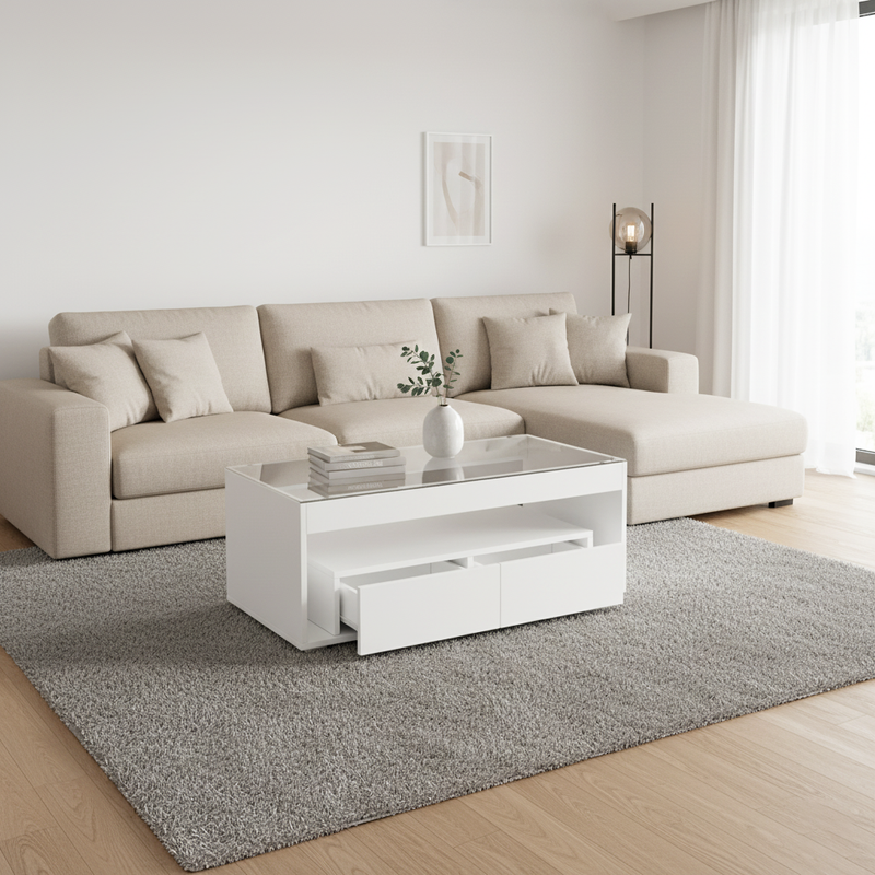 Table basse blanche en verre 2 tiroirs avec éclairage LED 100x50cm GEODYNAMO