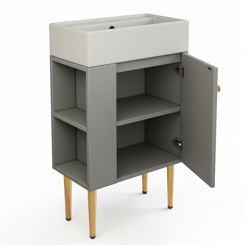 Meuble de salle de bain gris clair avec vasque blanc et pieds dorés (robinet non inclus) SCOPA