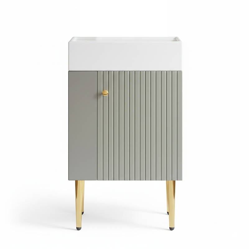 Meuble de salle de bain gris clair avec vasque blanc et pieds dorés (robinet non inclus) SCOPA