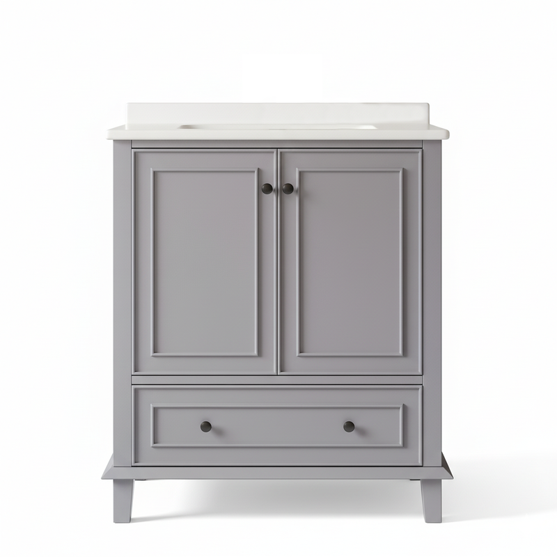 Meuble vasque gris sur pied avec vasque en céramique intégrée, double portes, tiroir et étagères (robinet non inclus) GELATIN