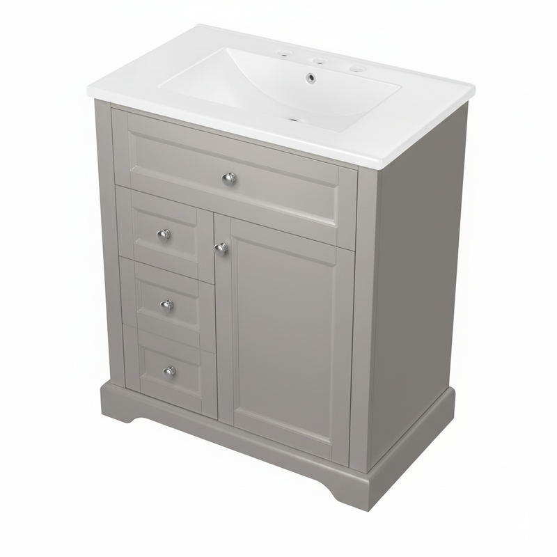 Meuble vasque gris sur pied, vasque en céramique intégrée, tiroirs à fermeture amortie et rangement (robinet non inclus) REPLICAT