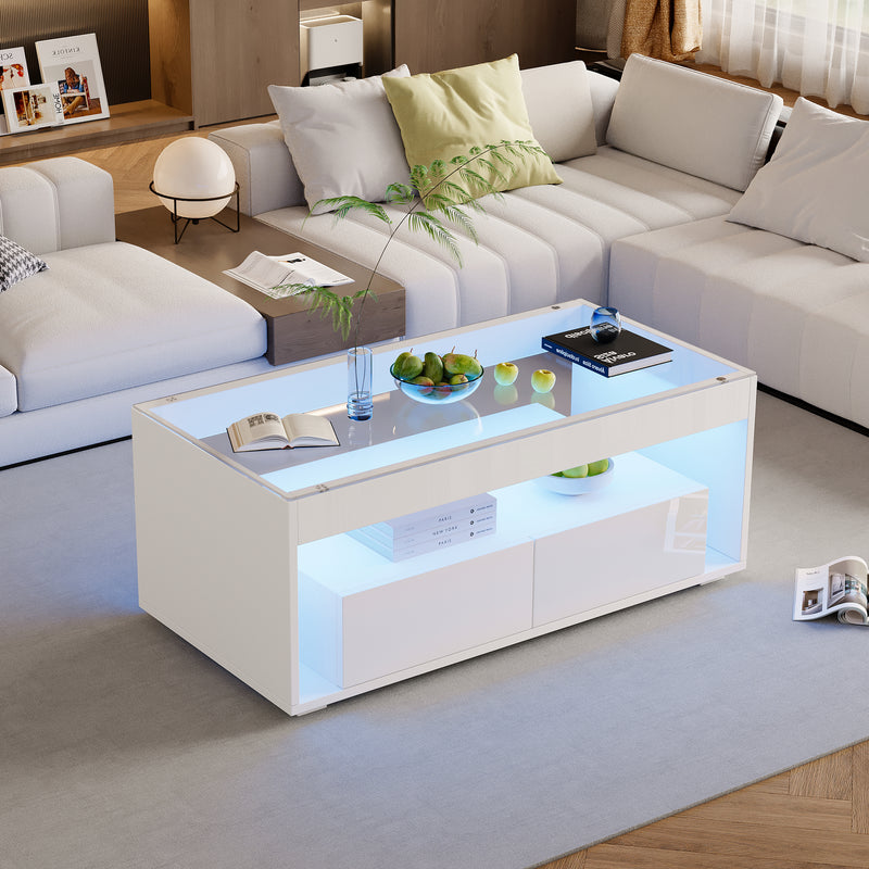 Table basse blanche en verre 2 tiroirs avec éclairage LED 100x50cm GEODYNAMO