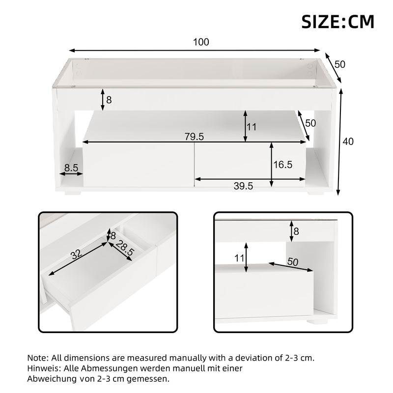 Table basse blanche en verre 2 tiroirs avec éclairage LED 100x50cm GEODYNAMO