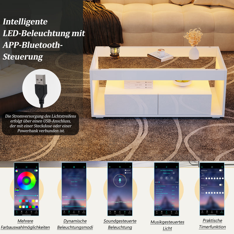 Table basse blanche en verre 2 tiroirs avec éclairage LED 100x50cm GEODYNAMO