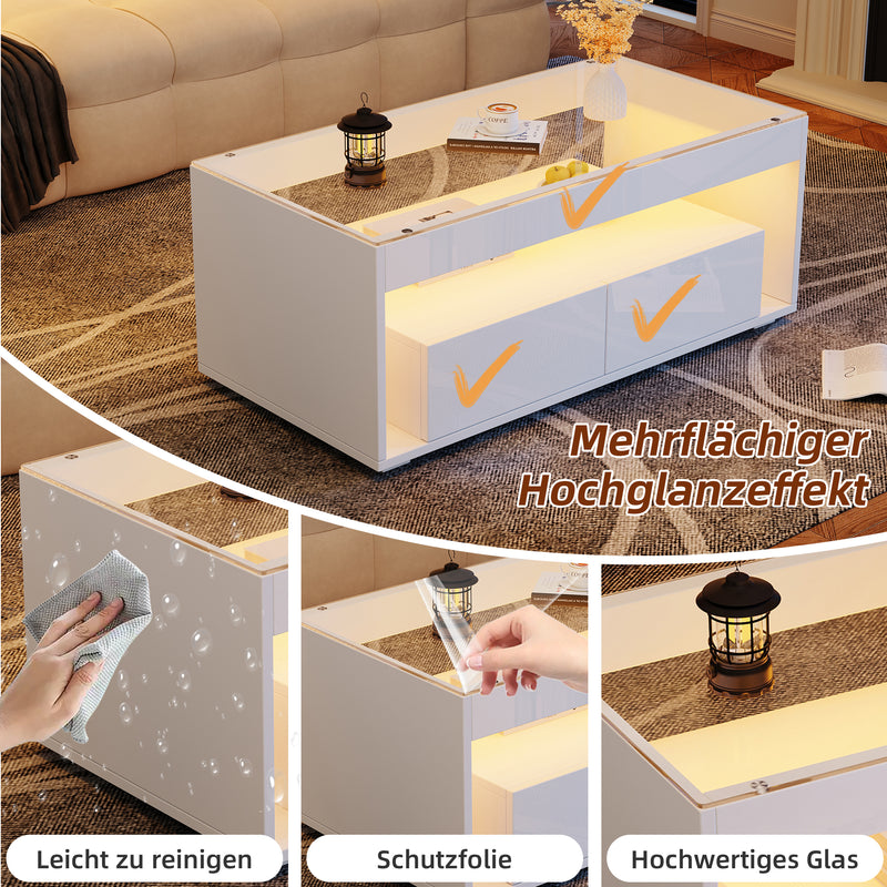 Table basse blanche en verre 2 tiroirs avec éclairage LED 100x50cm GEODYNAMO