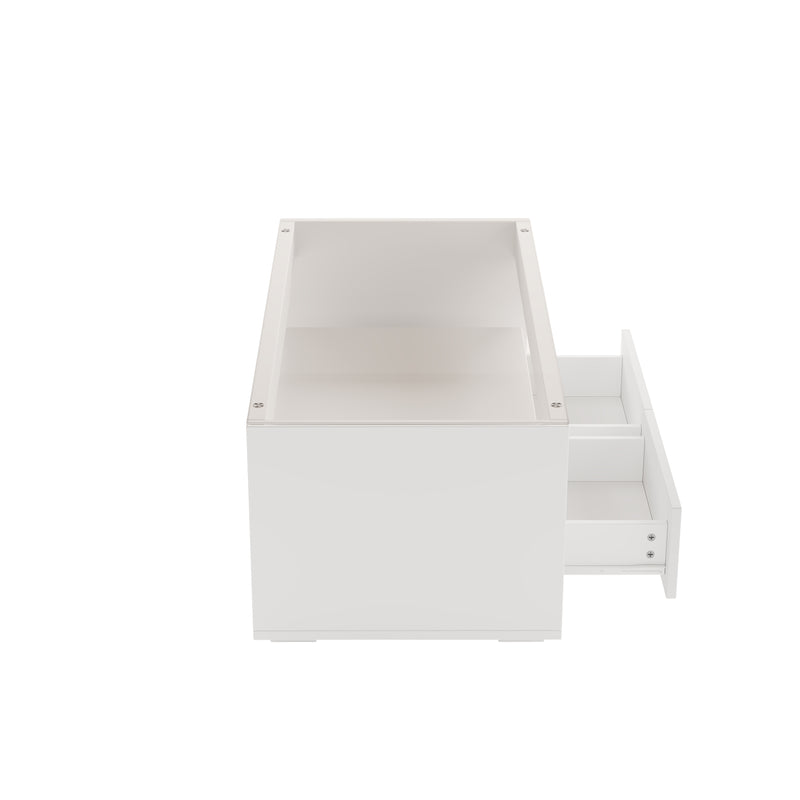 Table basse blanche en verre 2 tiroirs avec éclairage LED 100x50cm GEODYNAMO