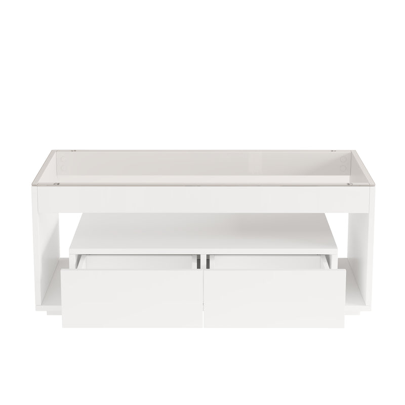 Table basse blanche en verre 2 tiroirs avec éclairage LED 100x50cm GEODYNAMO