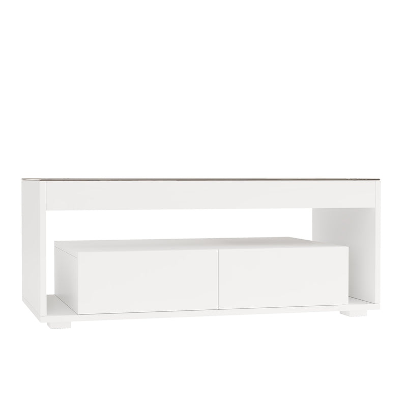 Table basse blanche en verre 2 tiroirs avec éclairage LED 100x50cm GEODYNAMO
