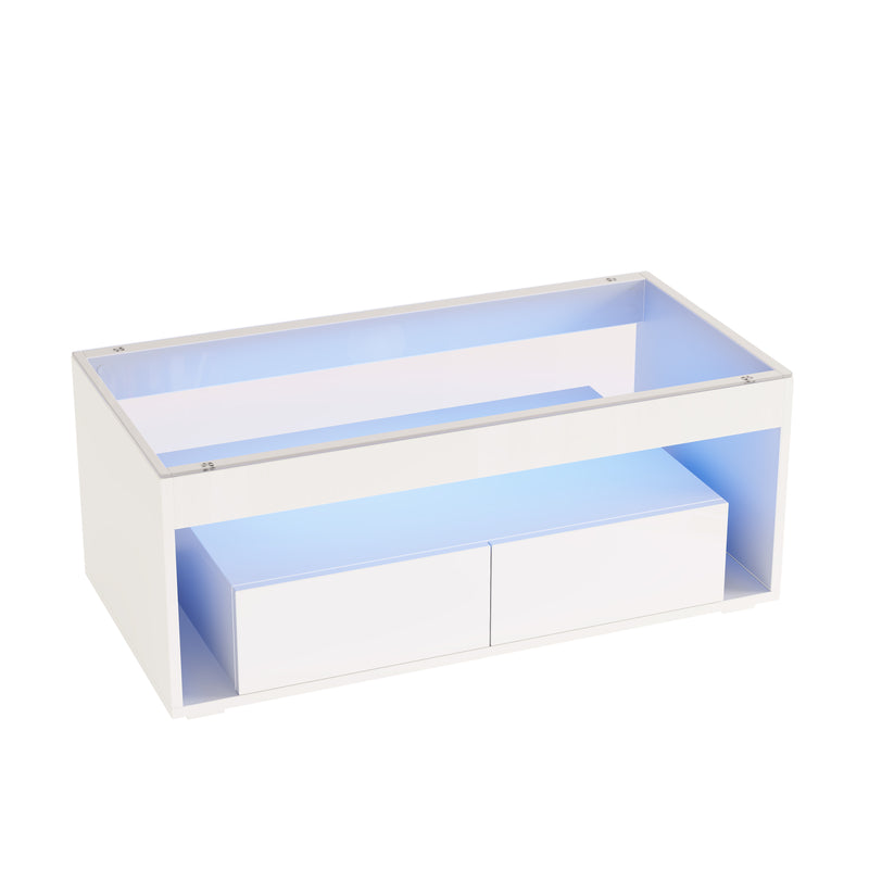 Table basse blanche en verre 2 tiroirs avec éclairage LED 100x50cm GEODYNAMO