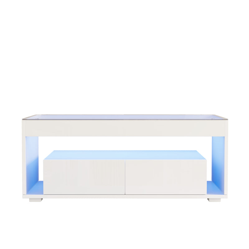 Table basse blanche en verre 2 tiroirs avec éclairage LED 100x50cm GEODYNAMO