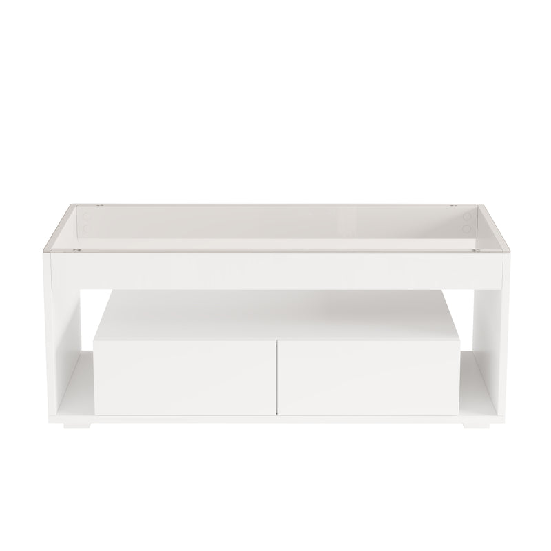 Table basse blanche en verre 2 tiroirs avec éclairage LED 100x50cm GEODYNAMO