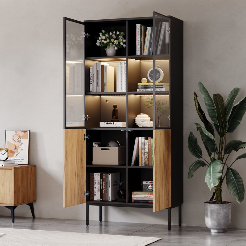 Vitrine haute noir et effet bois avec éclairage LED portes en verre GHALS