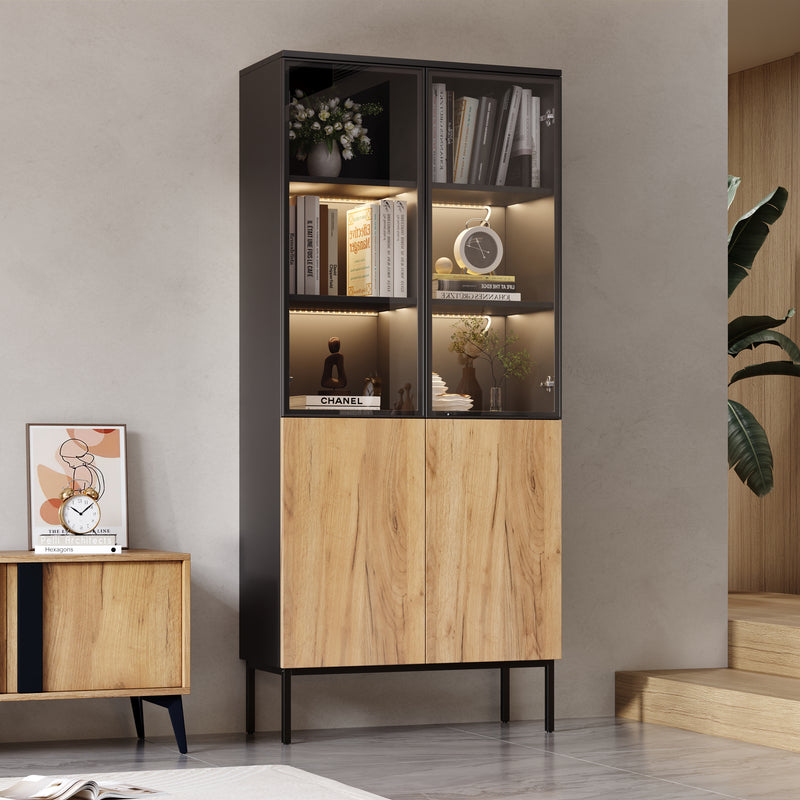 Vitrine haute noir et effet bois avec éclairage LED portes en verre GHALS