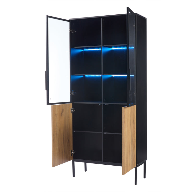 Vitrine haute noir et effet bois avec éclairage LED portes en verre GHALS