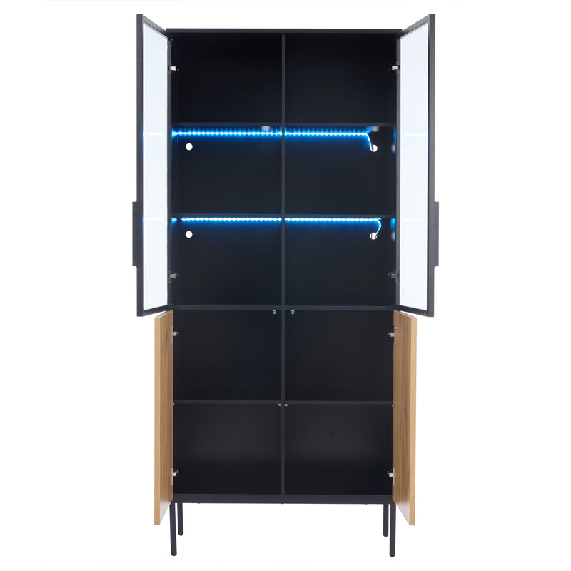 Vitrine haute noir et effet bois avec éclairage LED portes en verre GHALS