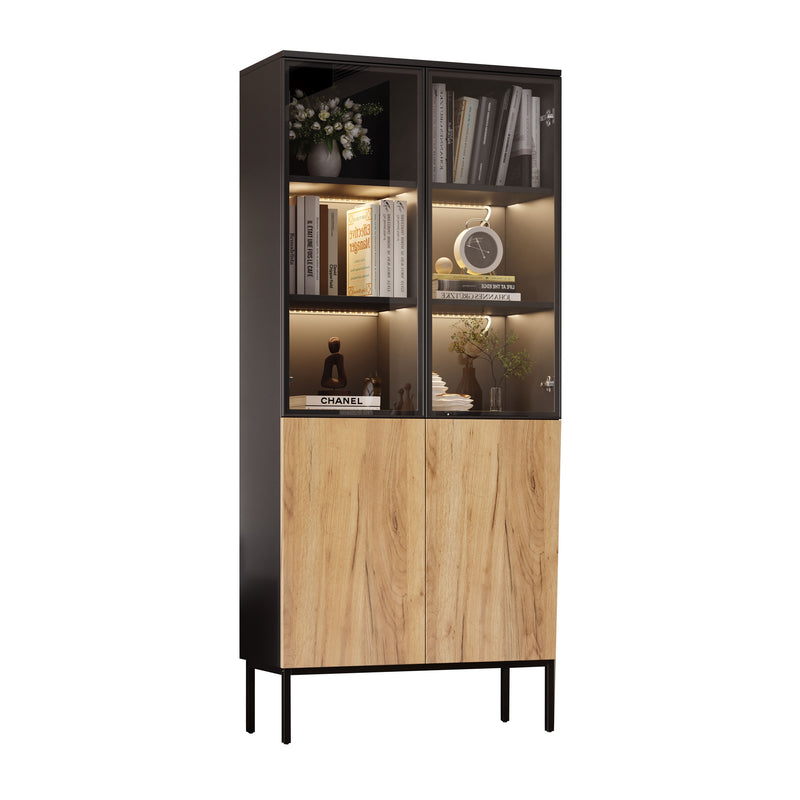 Vitrine haute noir et effet bois avec éclairage LED portes en verre GHALS