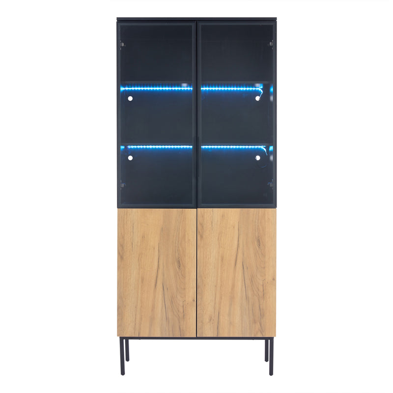 Vitrine haute noir et effet bois avec éclairage LED portes en verre GHALS