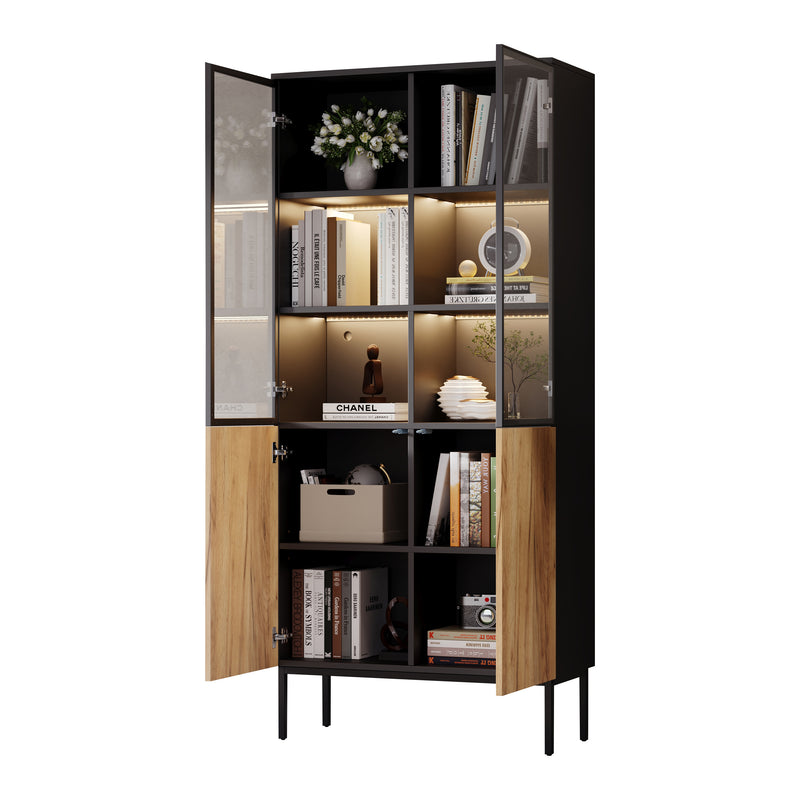 Vitrine haute noir et effet bois avec éclairage LED portes en verre GHALS