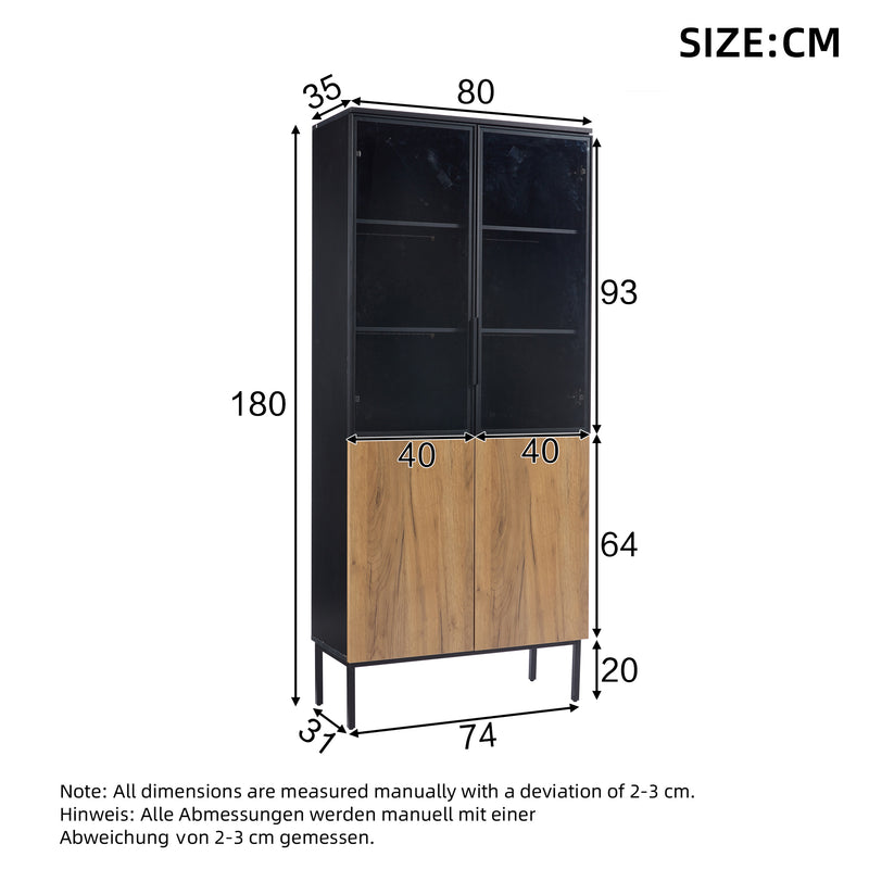 Vitrine haute noir et effet bois avec éclairage LED portes en verre GHALS