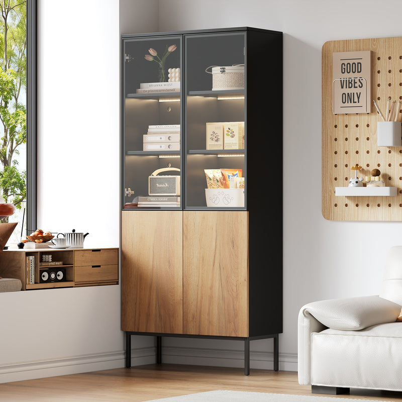 Vitrine haute noir et effet bois avec éclairage LED portes en verre GHALS