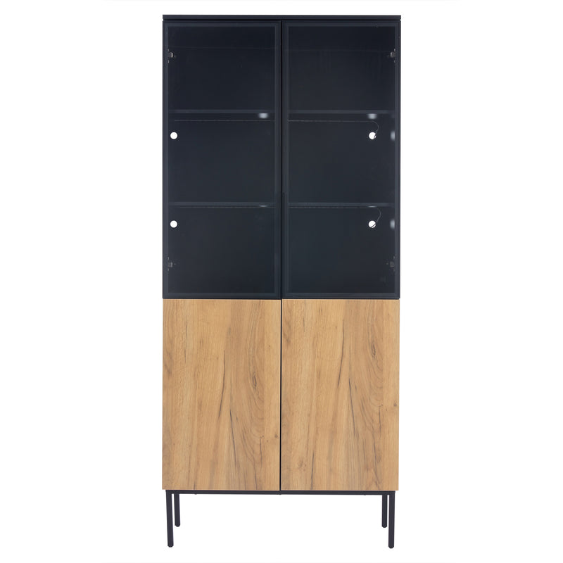 Vitrine haute noir et effet bois avec éclairage LED portes en verre GHALS
