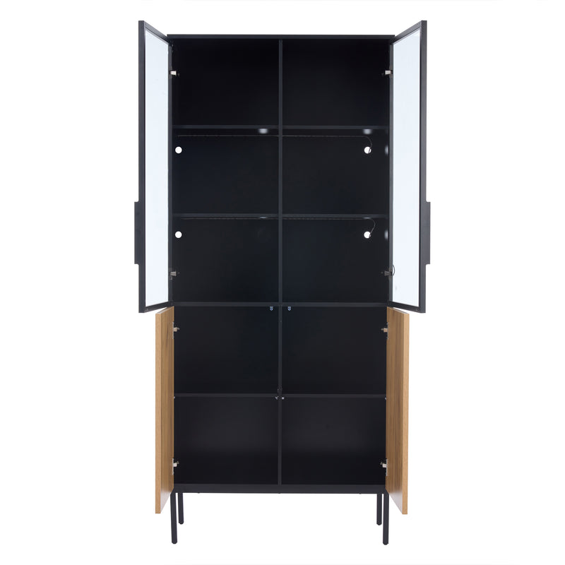 Vitrine haute noir et effet bois avec éclairage LED portes en verre GHALS
