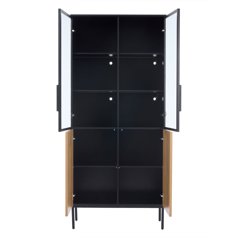 Vitrine haute noir et effet bois avec éclairage LED portes en verre GHALS