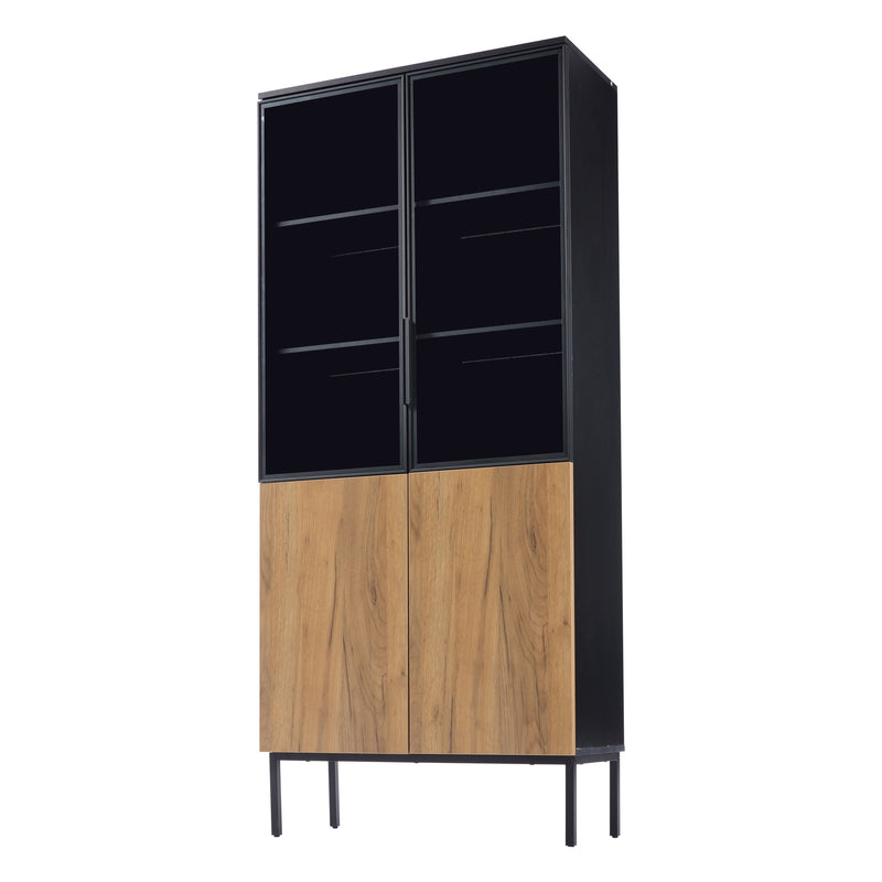 Vitrine haute noir et effet bois avec éclairage LED portes en verre GHALS