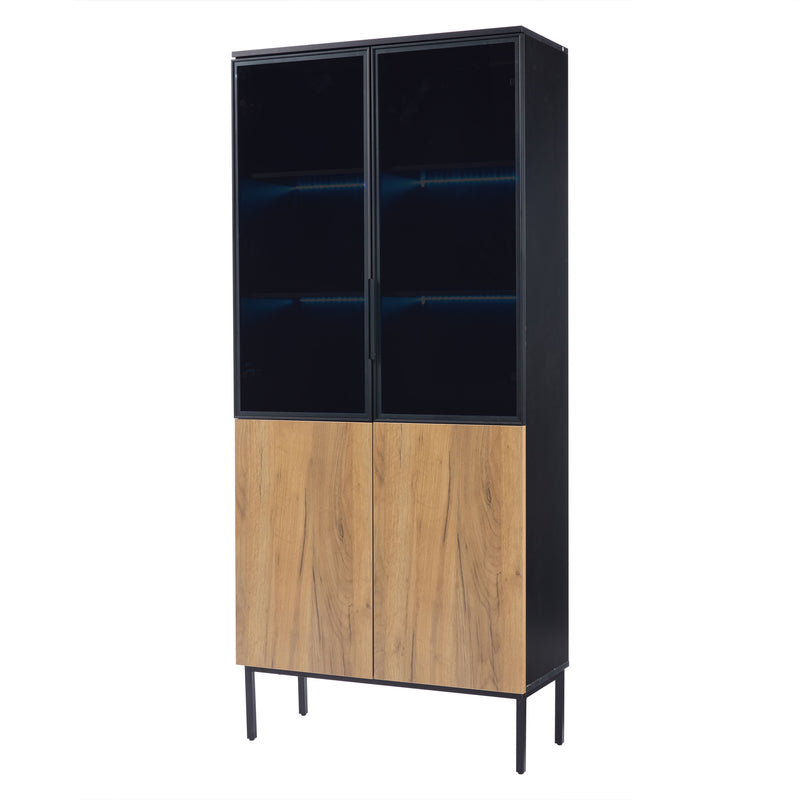 Vitrine haute noir et effet bois avec éclairage LED portes en verre GHALS