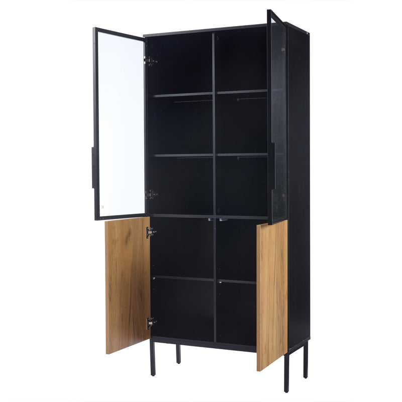 Vitrine haute noir et effet bois avec éclairage LED portes en verre GHALS
