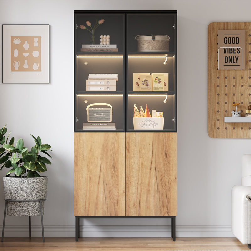 Vitrine haute noir et effet bois avec éclairage LED portes en verre GHALS