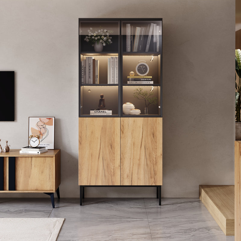 Vitrine haute noir et effet bois avec éclairage LED portes en verre GHALS